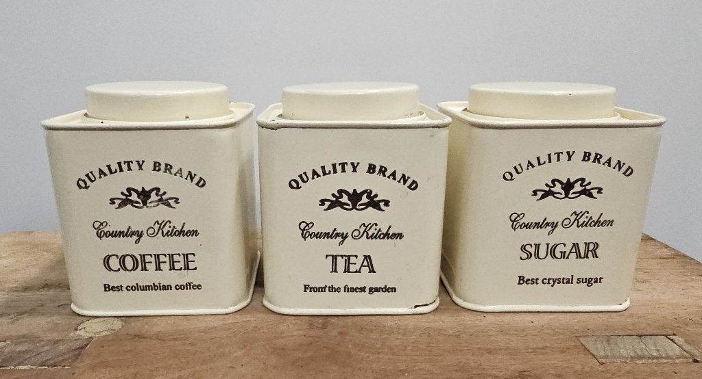 3 LEUKE BROCANTE "QUALITY BRAND" VOORRAADBUSSEN, Beige, Gebruikt, Ophalen of Verzenden, Voorraadpot