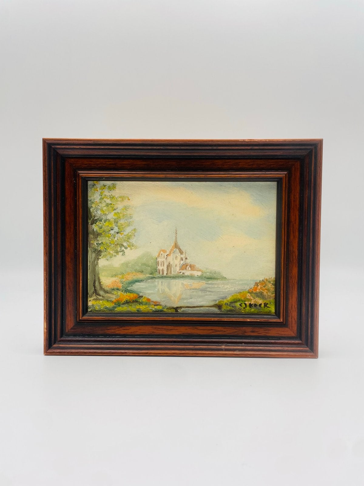 Vintage olieverf schilderij - Landschap met gebouw, Paneel, Ophalen of Verzenden, Gesigneerd, Landschap