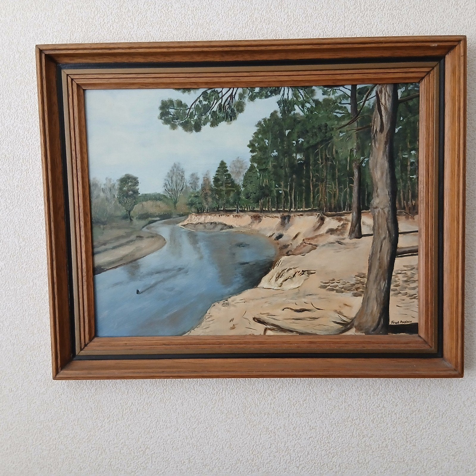 Schilderij: Rivierlandschap met zandbanken en dennenbomen, Doek, Realistisch, Ophalen of Verzenden, Gesigneerd