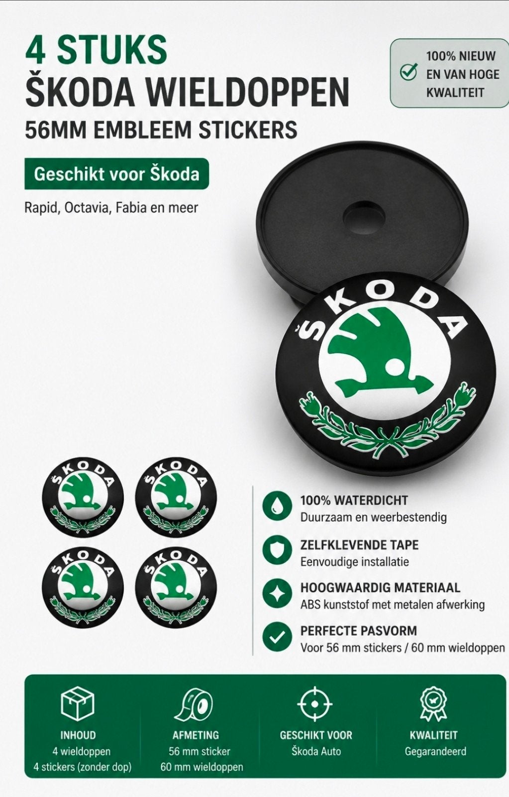 4x Škoda Wielnaafdoppen 60mm + 56mm Embleem Stickers, Auto diversen, Wieldoppen, Ophalen of Verzenden, Nieuw
