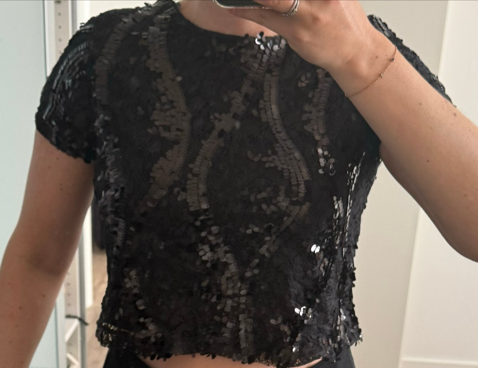 Sweewe Zwarte Pailletten Top Maat S, Kleding | Dames, Verzenden, Zwart, Zo goed als nieuw, Korte mouw