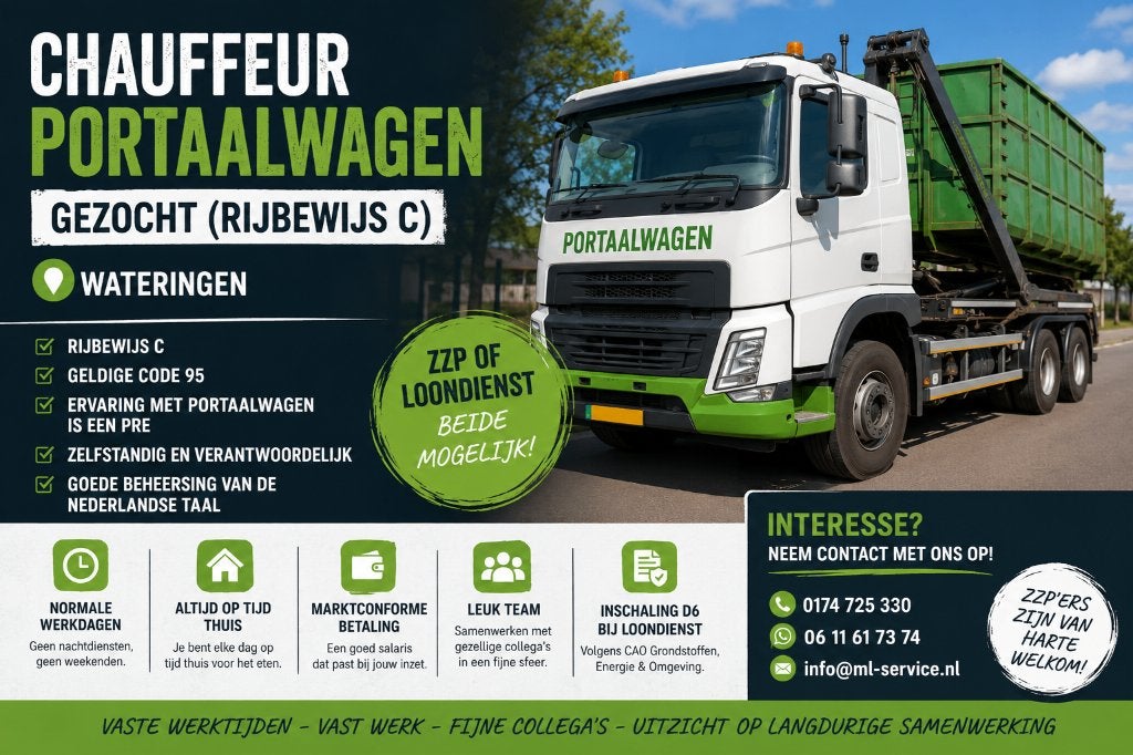 Chauffeur ZZP Portaalwagen gezocht (Rijbewijs C) –Wateringen, Overige uren, Overige niveaus, Vanaf 1 jaar, Overige vormen