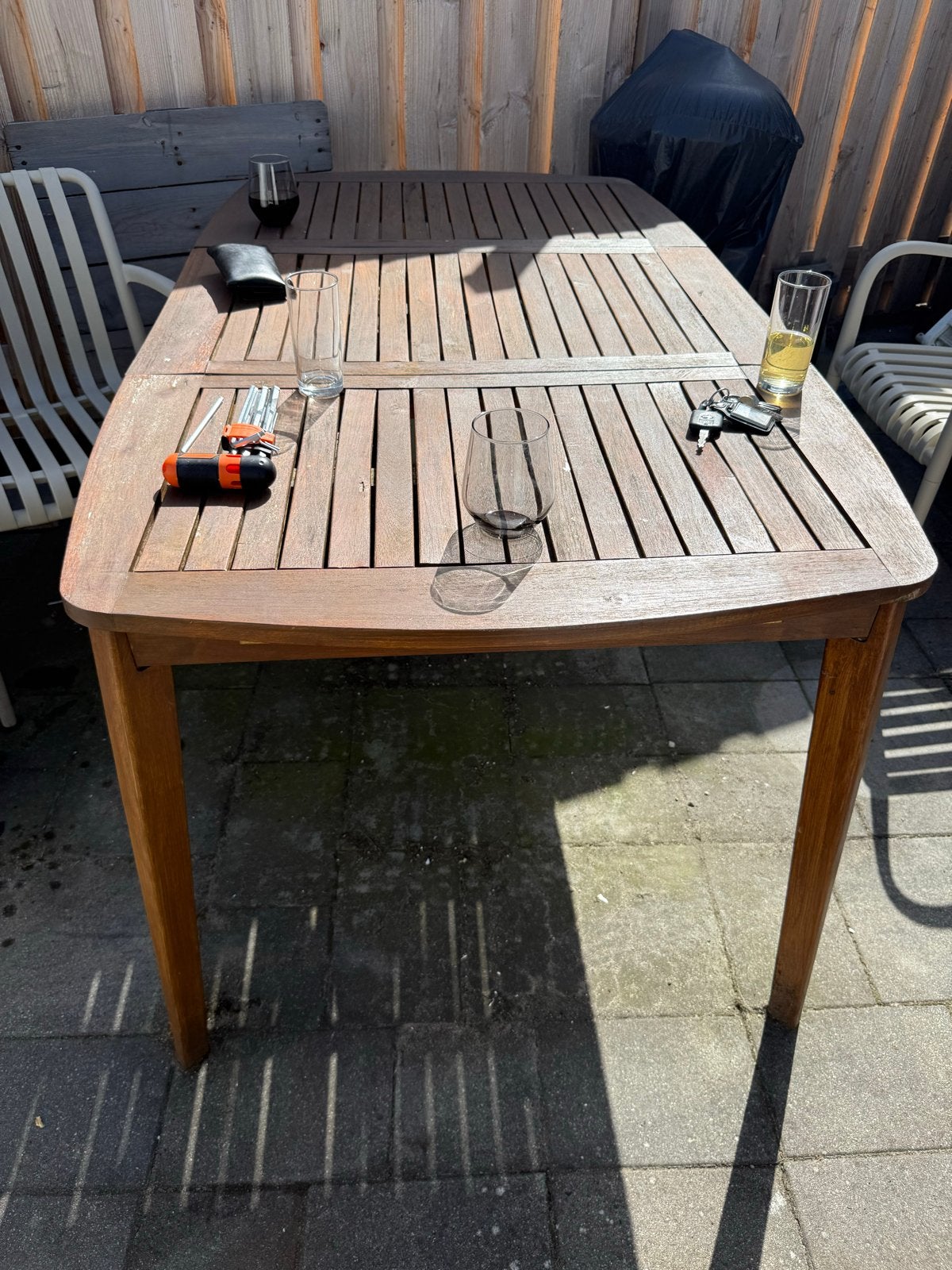 Tuinset: Tuin tafel (160x87cm) met 4 stoelen, Tuin en Terras, Ophalen, Gebruikt, Rechthoekig, Hout