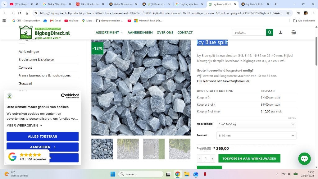 bigbag split blue icey 8/16 mm big bag 1500 kg, Overige materialen, Nieuw, Ophalen of Verzenden, Split