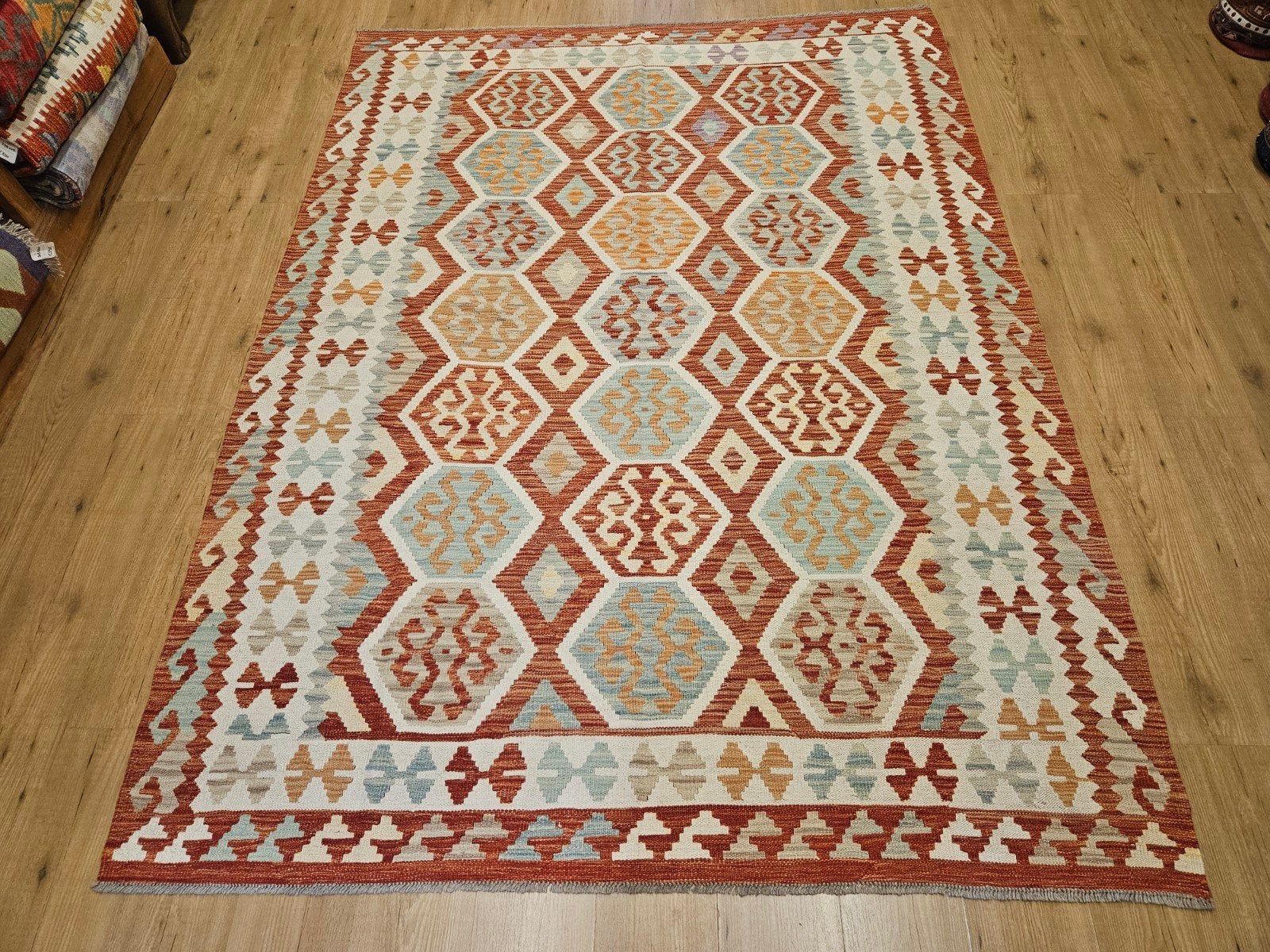 Handgeweven oosterse wollen kelim 239x180, Huis en Inrichting, Info@SlatsAntiek.nl, 150 tot 200 cm, Vof Slats Antiek, Ophalen of Verzenden