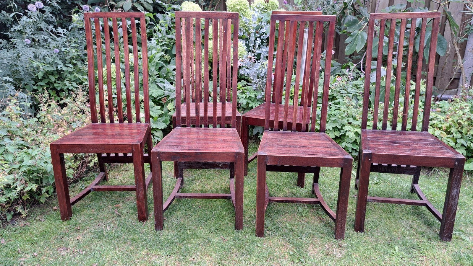 Set van 6 houten stoelen met hoge rugleuning, Huis en Inrichting, Stoelen, Ophalen, Gebruikt, Bruin, Vijf, Zes of meer stoelen