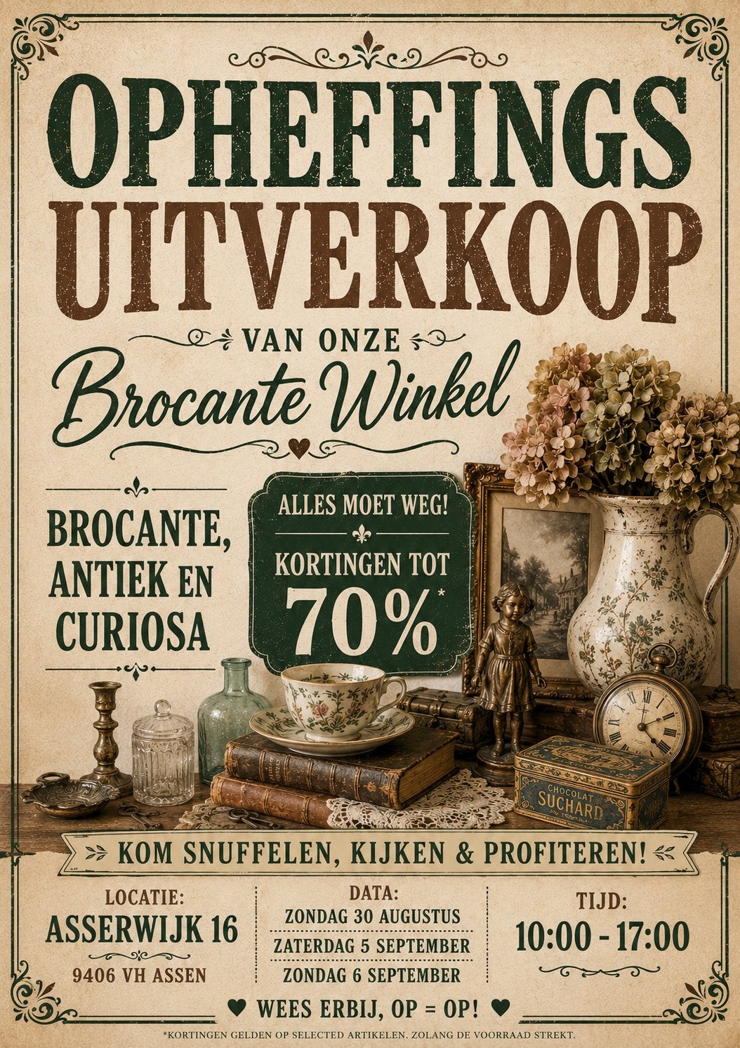 Opheffingsuitverkoop Brocante Winkel - Kortingen tot 70%, Ophalen