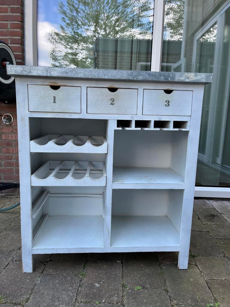 Witte houten bar met zinken blad en wijnrekken, Ophalen, 50 tot 100 cm, Zo goed als nieuw, Minder dan 100 cm