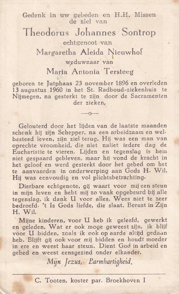 Sontrop  Theodorus 1896 Jutphaas 1960 Nijmegen, Verzamelen, Ophalen of Verzenden, Bidprentje