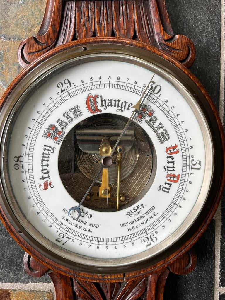 Grote Antieke Barometer met Thermometer - Houtsnijwerk, Ophalen, Gebruikt, Barometer