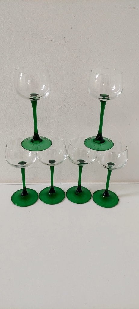 6 vintage Luminarc Elzas wijnglazen glazen groene steel, Eu, Eu, Overige typen, Ophalen of Verzenden