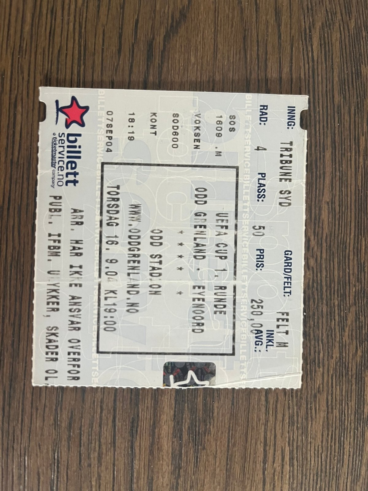 TICKET ODD GRELAND-FEYENOORD UEFA CUP 04-05, Verzamelen, Ophalen of Verzenden, Zo goed als nieuw, Feyenoord, Overige typen