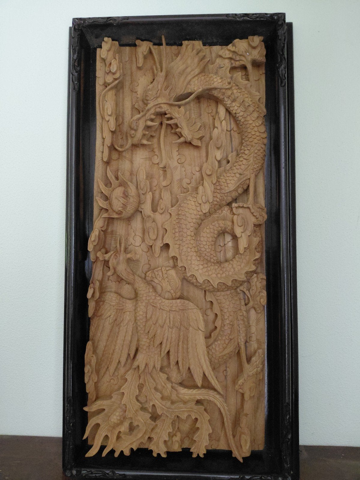 Houten wanddecoratie met draak en feniks, Ophalen, Overige onderwerpen, 50 - 100 cm, Handgemaakt