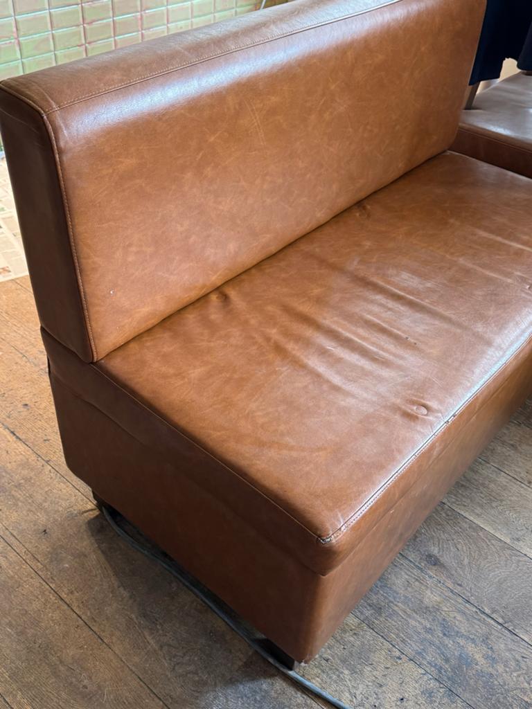 Leren bankje 120 cm - Bruin 2x, Ophalen, Gebruikt, Leer, 100 tot 125 cm
