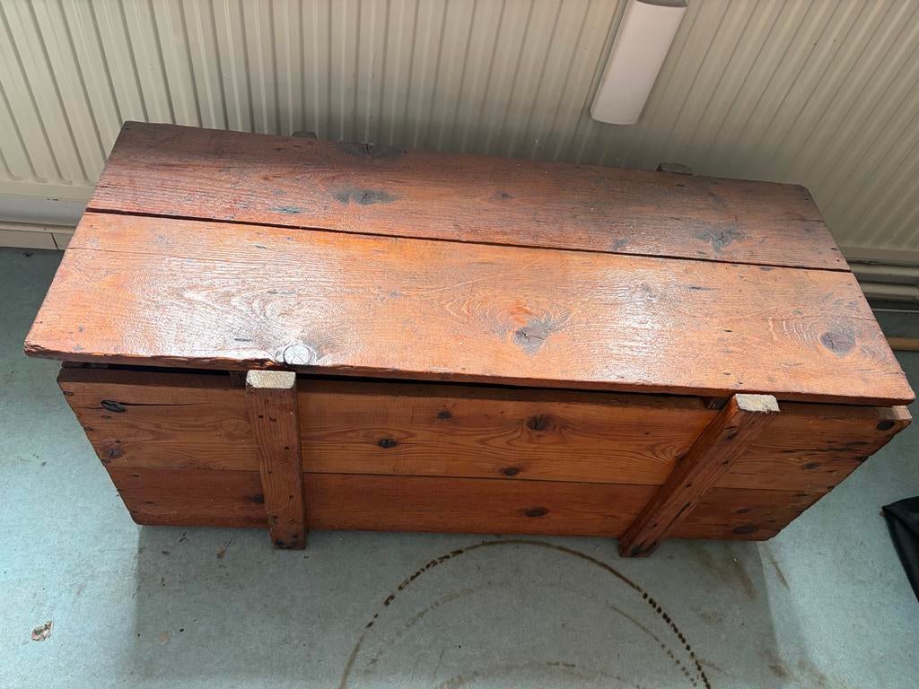 Vintage houten kist met deksel - Opbergkist, Huis en Inrichting, Woonaccessoires | Kisten, 100 tot 150 cm, 50 tot 75 cm, Ophalen of Verzenden