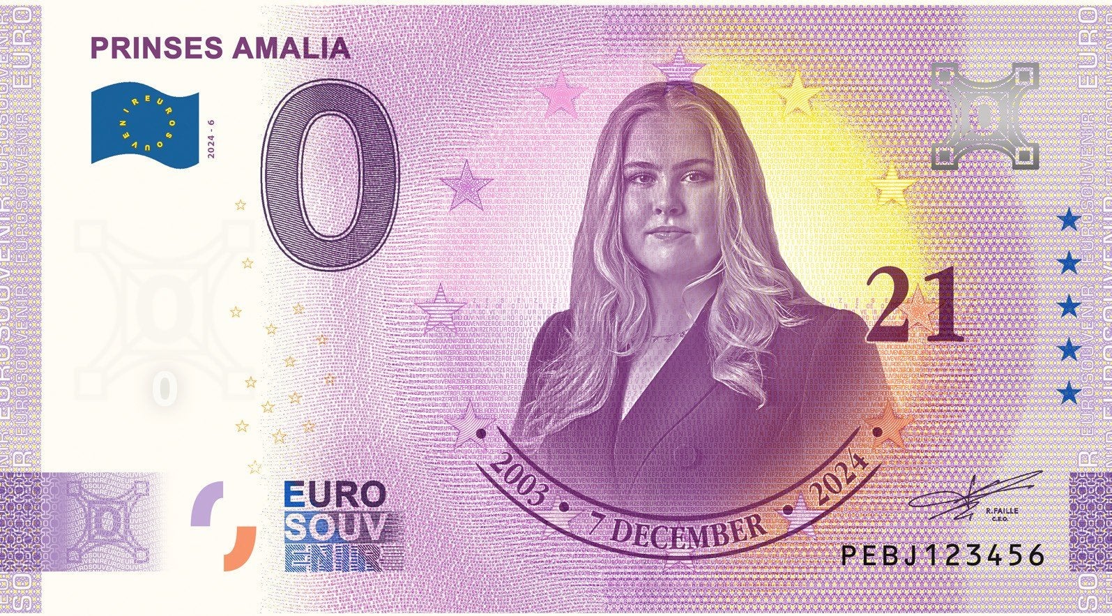 0 Euro biljet Prinses Amalia 21 jaar PEBJ 2024-6, Ophalen of Verzenden, Overige landen, 5 euro