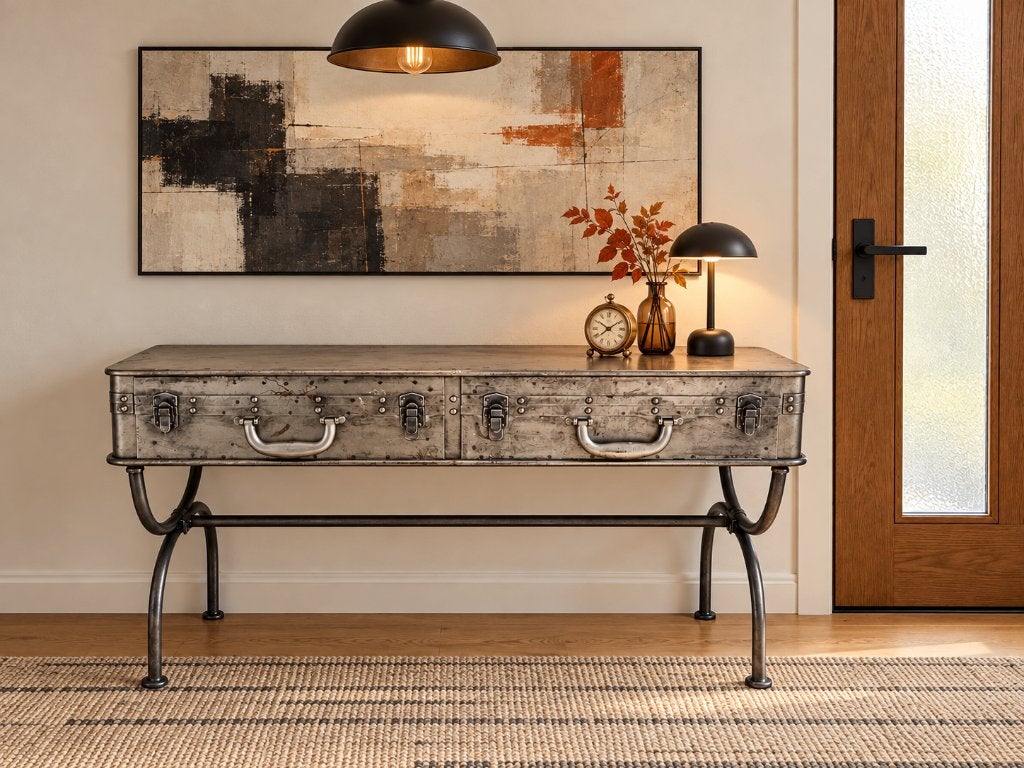 Industriële metalen haltafel met 2 lades – vintage look, Ophalen, Gebruikt, 100 tot 150 cm, Metaal
