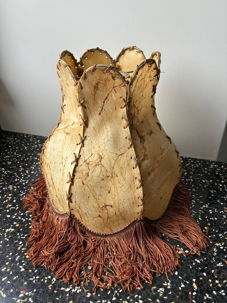 Vintage leren lampenkap met franje, Ophalen, Gebruikt, Rond