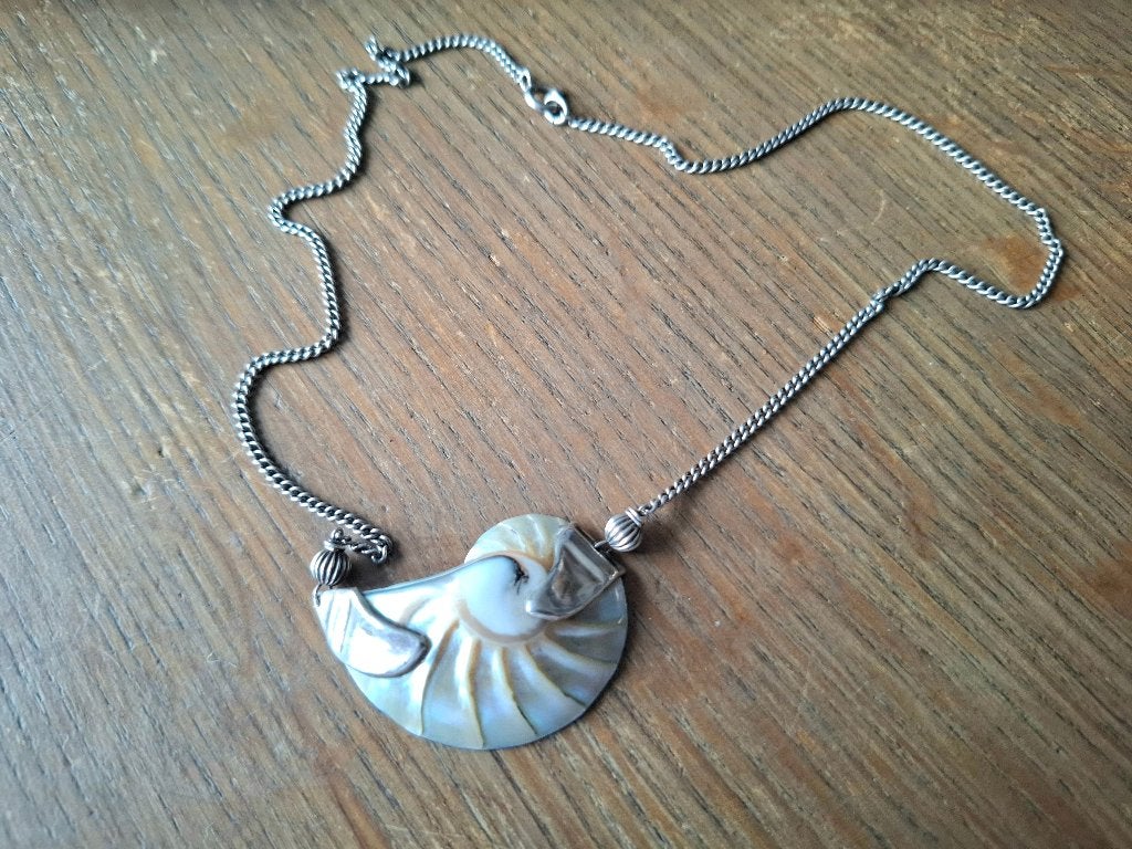 Zilveren ketting- hanger van een parelmoer nautilus schelp, Overige voorstellingen, Nieuw, Ophalen of Verzenden, Zilver