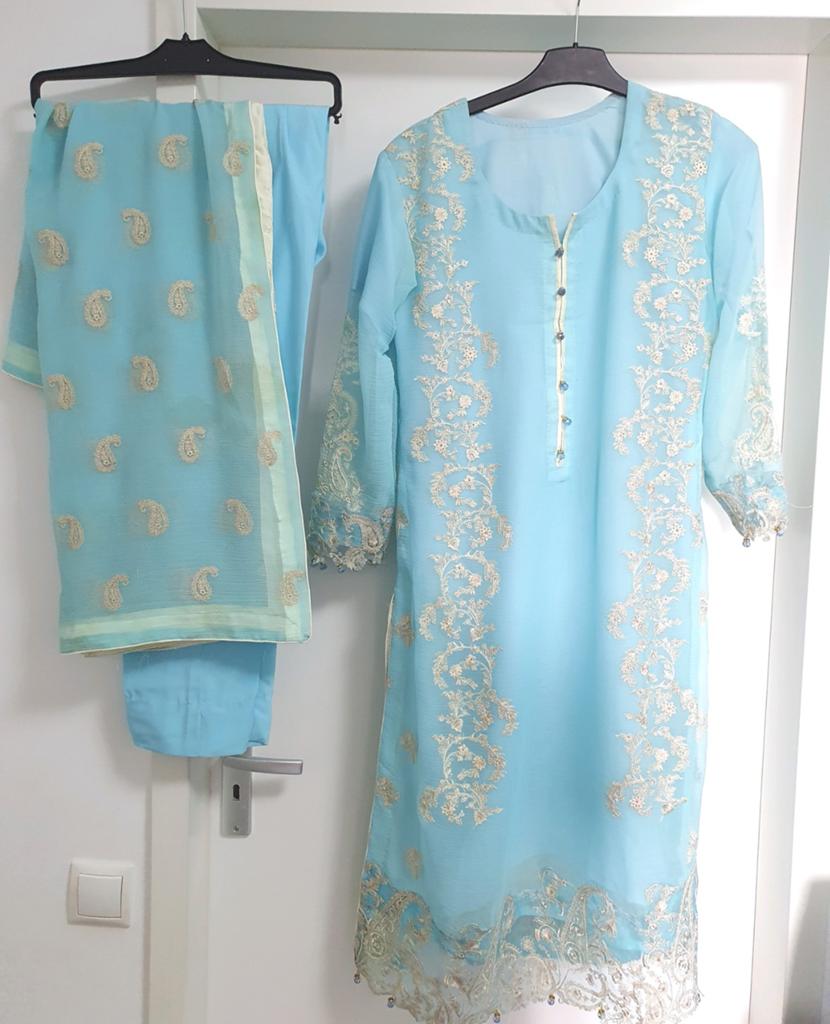 Indiase Salwar Kameez Dupatta 3-delig Geborduurd Pak Maat M, Ophalen of Verzenden, Nieuw, Maat 38/40 (M), Blauw