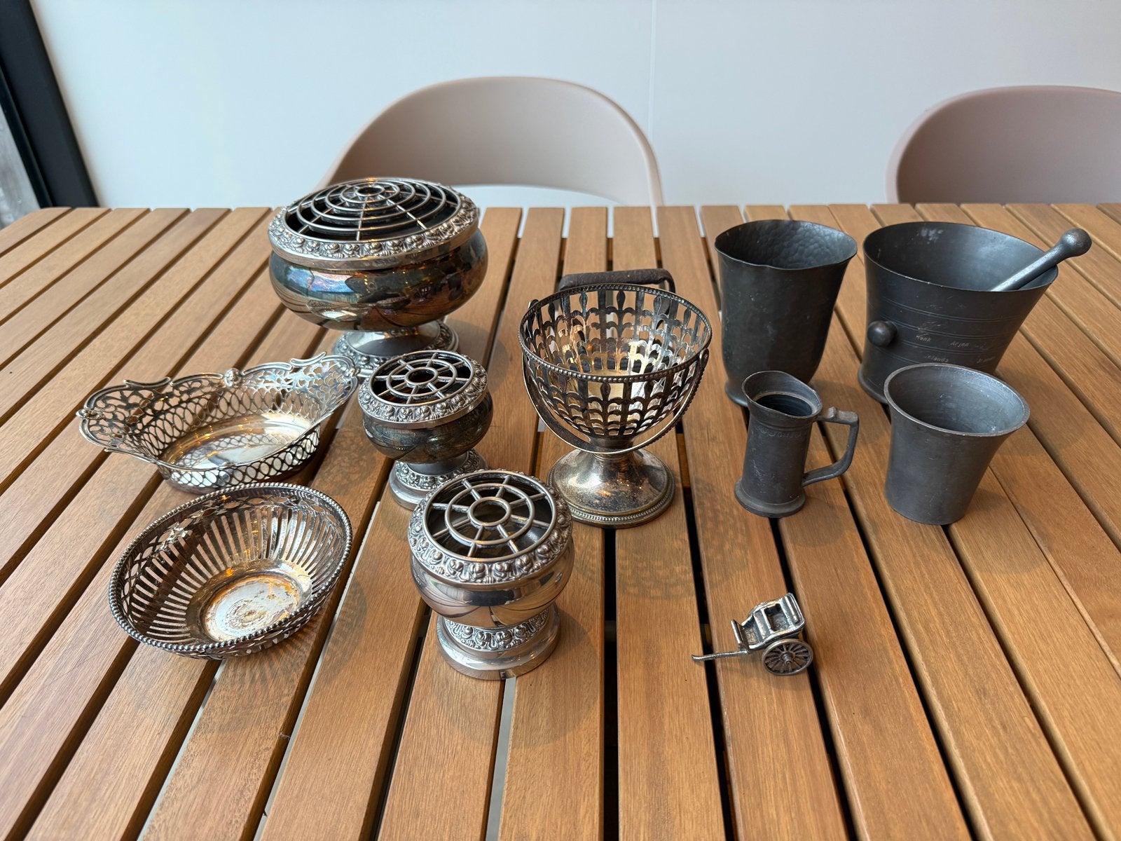 Partij vintage rozenkommen, verzilverd, tin en curiosa, Ophalen of Verzenden