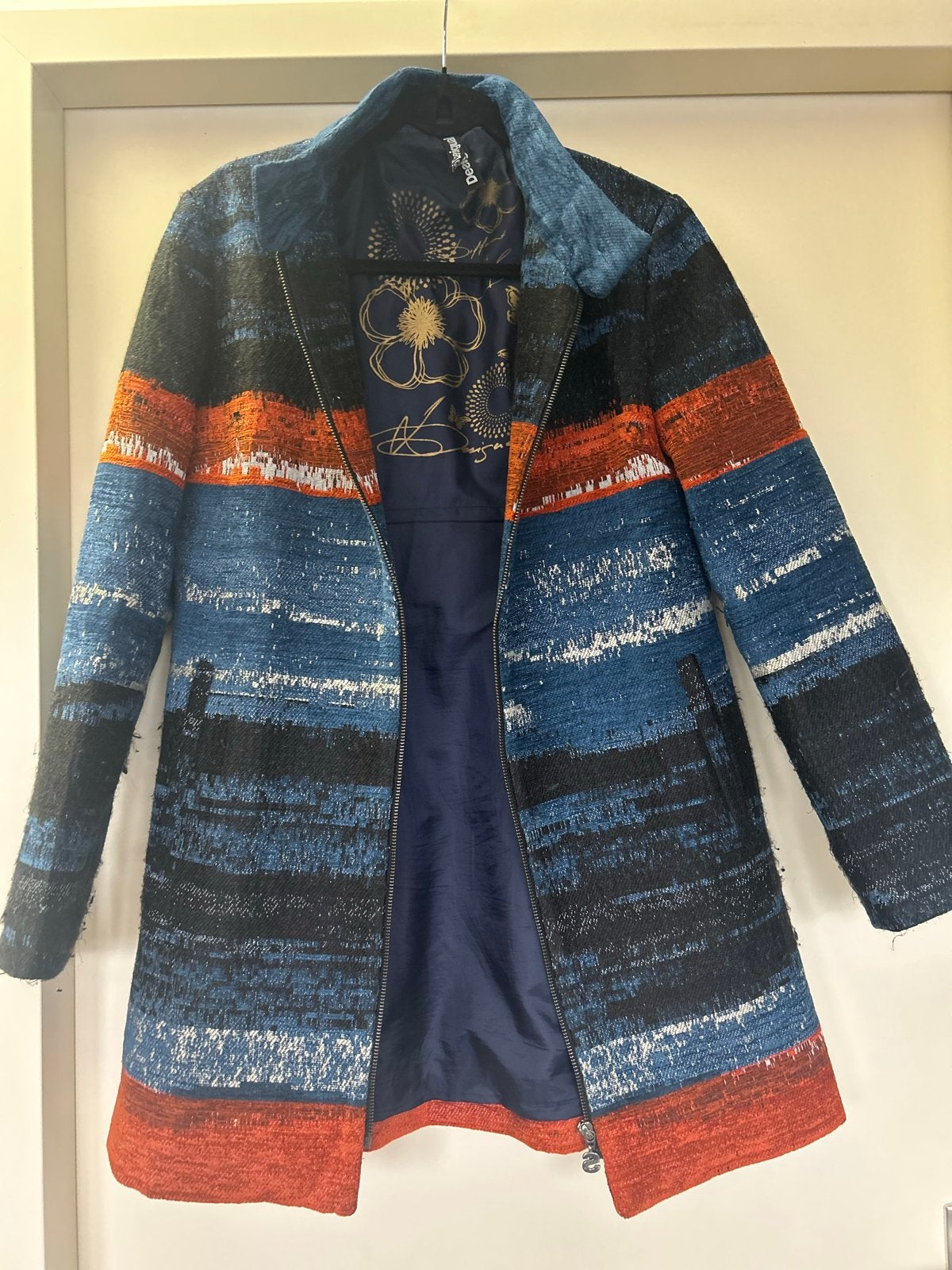 Desigual jas met kleurrijke strepen - Gedragen, Verzenden, Gedragen, Maat 38/40 (M), Blauw