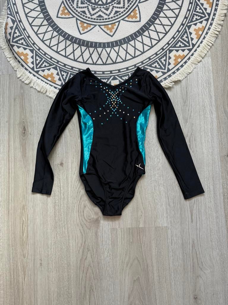 Turnpakje zwart met turquoise en glittersteentjes, Sport en Fitness, Turnen, Zwart, Zo goed als nieuw, Turnpak(je), Kindermaat 122 t/m 140