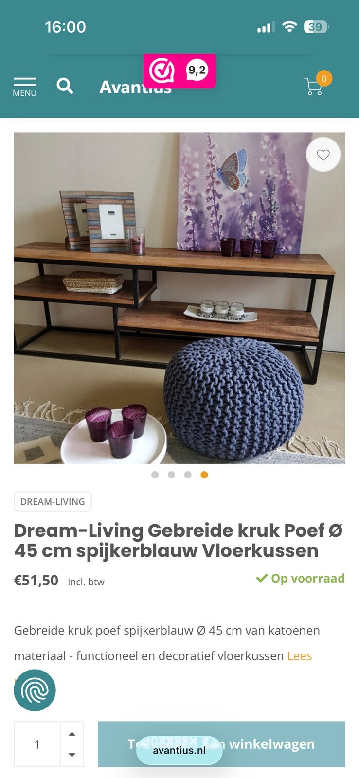 Donkerblauwe gebreide kruk Poef ø45 cm - Zo goed als nieuw, Ophalen, Minder dan 50 cm, Rond, Minder dan 50 cm
