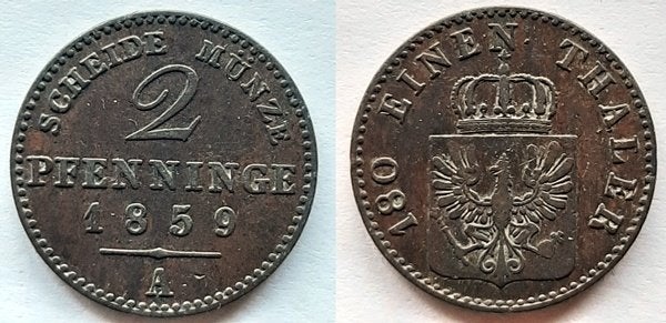 Preussen  2 Pfennig 1859 A, Verzenden, Duitsland