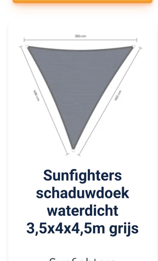Sunfighter schaduwdoek grijs 3,5x4,0x4,5., Ophalen of Verzenden, Gebruikt