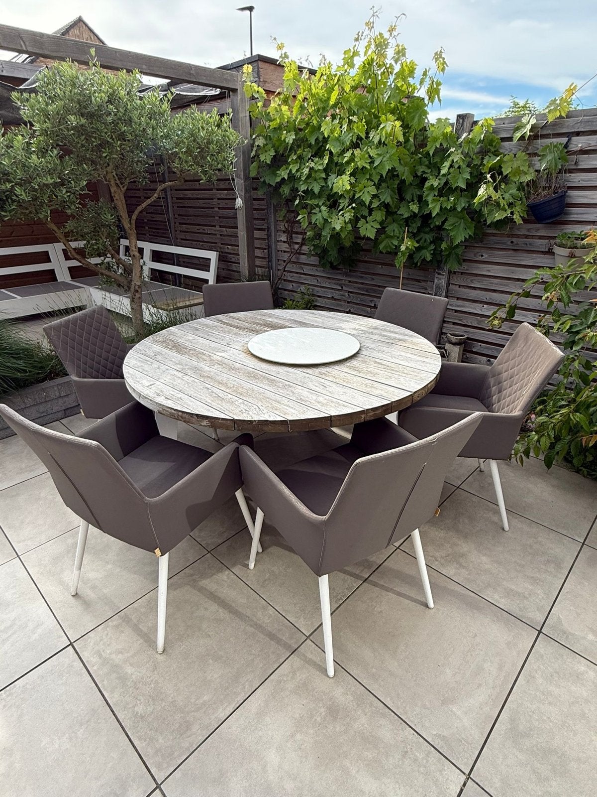 Buitenset ronde tafel 1.50m teak en alum frame 6 stoelen, Ophalen, Gebruikt, Eettafel, 6 zitplaatsen
