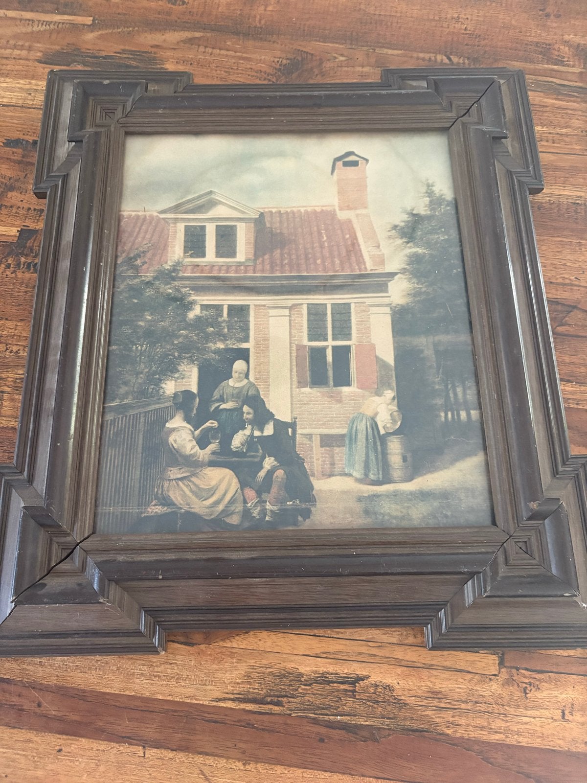 Klassieke kleurenprint met huiselijk tafereel, Antiek en Kunst, Portret of Personen, Ophalen of Verzenden, Klassiek, Print