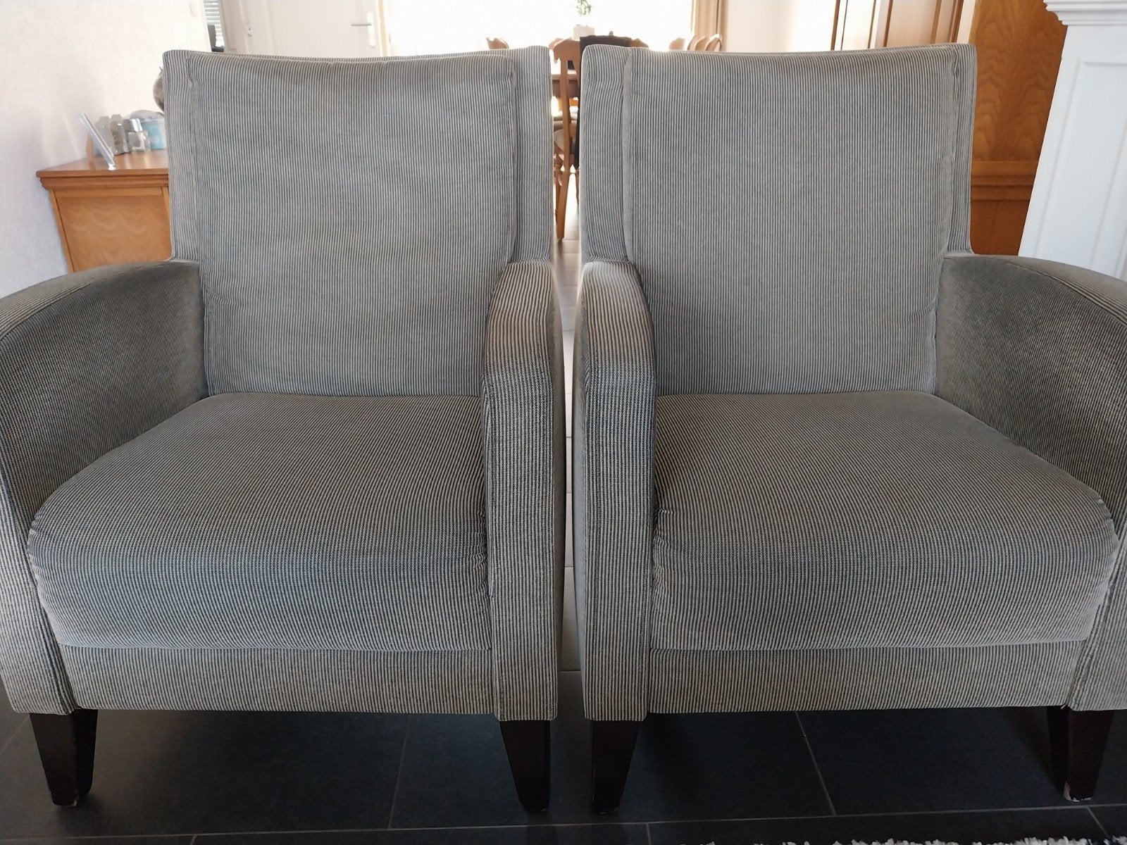 Set van 2 comfortabele fauteuils, grijs gestreept, Ophalen, Gebruikt, Klassiek, 75 tot 100 cm