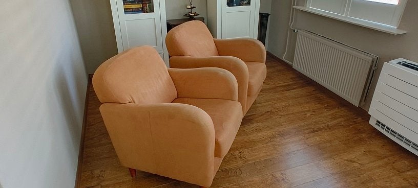 MOET NU WEG Twee vintage fauteuils in de kleur terracotta, Ophalen, Gebruikt, Minder dan 75 cm, Vintage