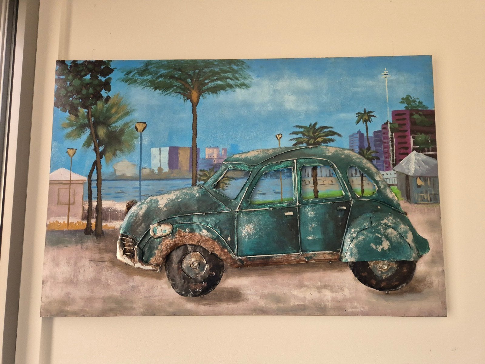 3D Schilderij met Citroën 2CV en stadsgezicht, Antiek en Kunst, 3D-effect, Gemengde techniek, Overige materialen, Ophalen