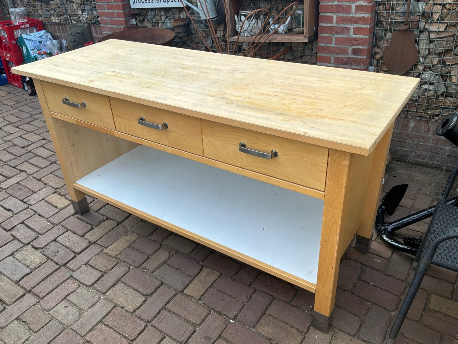 Robuuste houten werkbank/keukeneiland met lades, Ophalen, Gebruikt, 100 tot 150 cm, 150 tot 200 cm