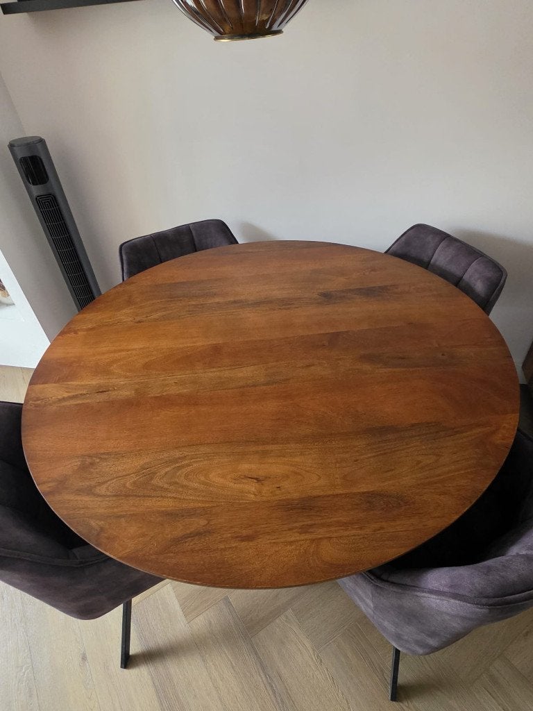 Ronde eettafel met geribbeld onderstel, Ophalen, 100 tot 150 cm, Rond, Zo goed als nieuw