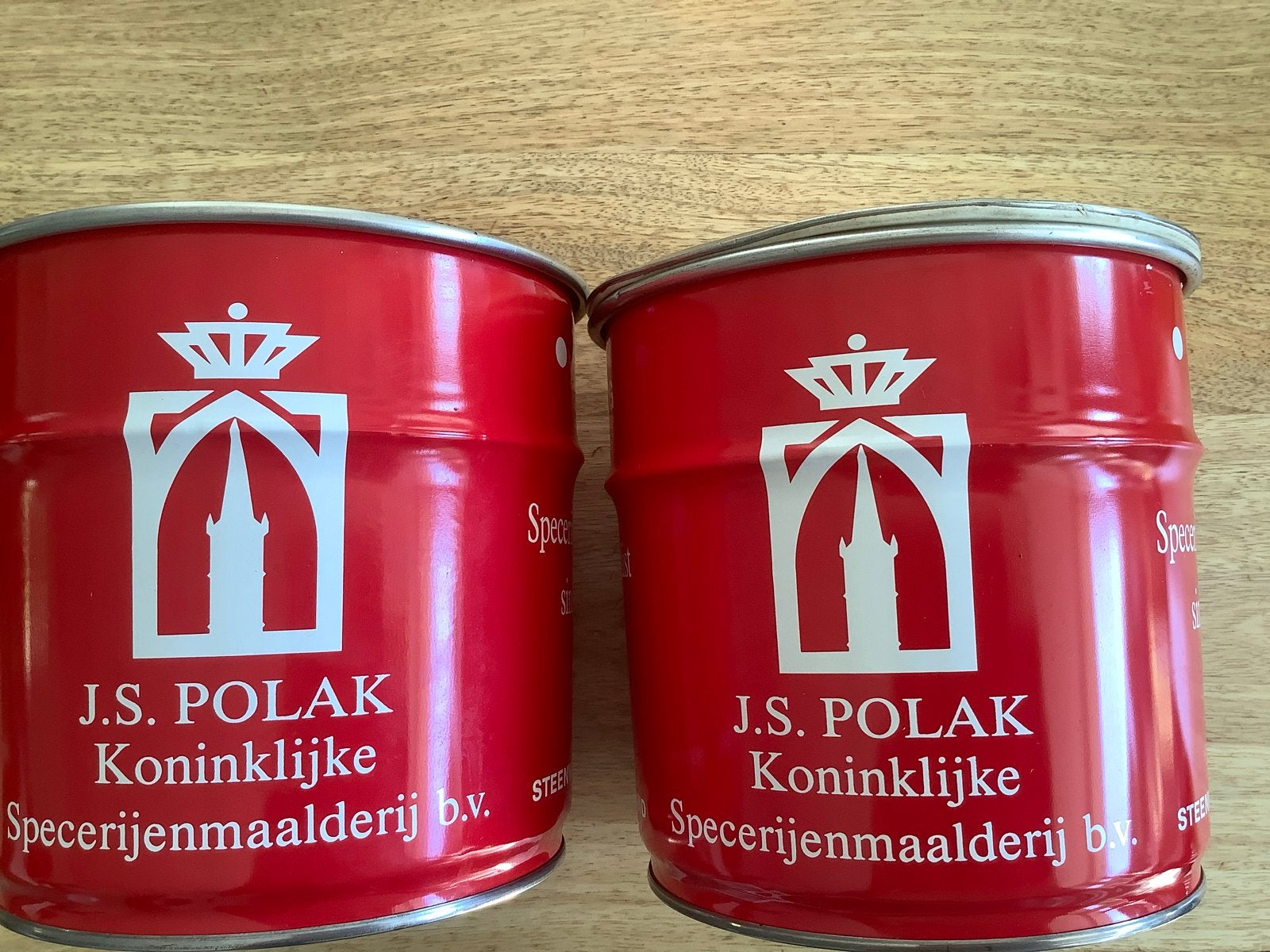 2x Vintage J.S. Polak Specerijenmaalerij blikken (1kg), Ophalen of Verzenden, Gebruikt, Overige, Overige merken