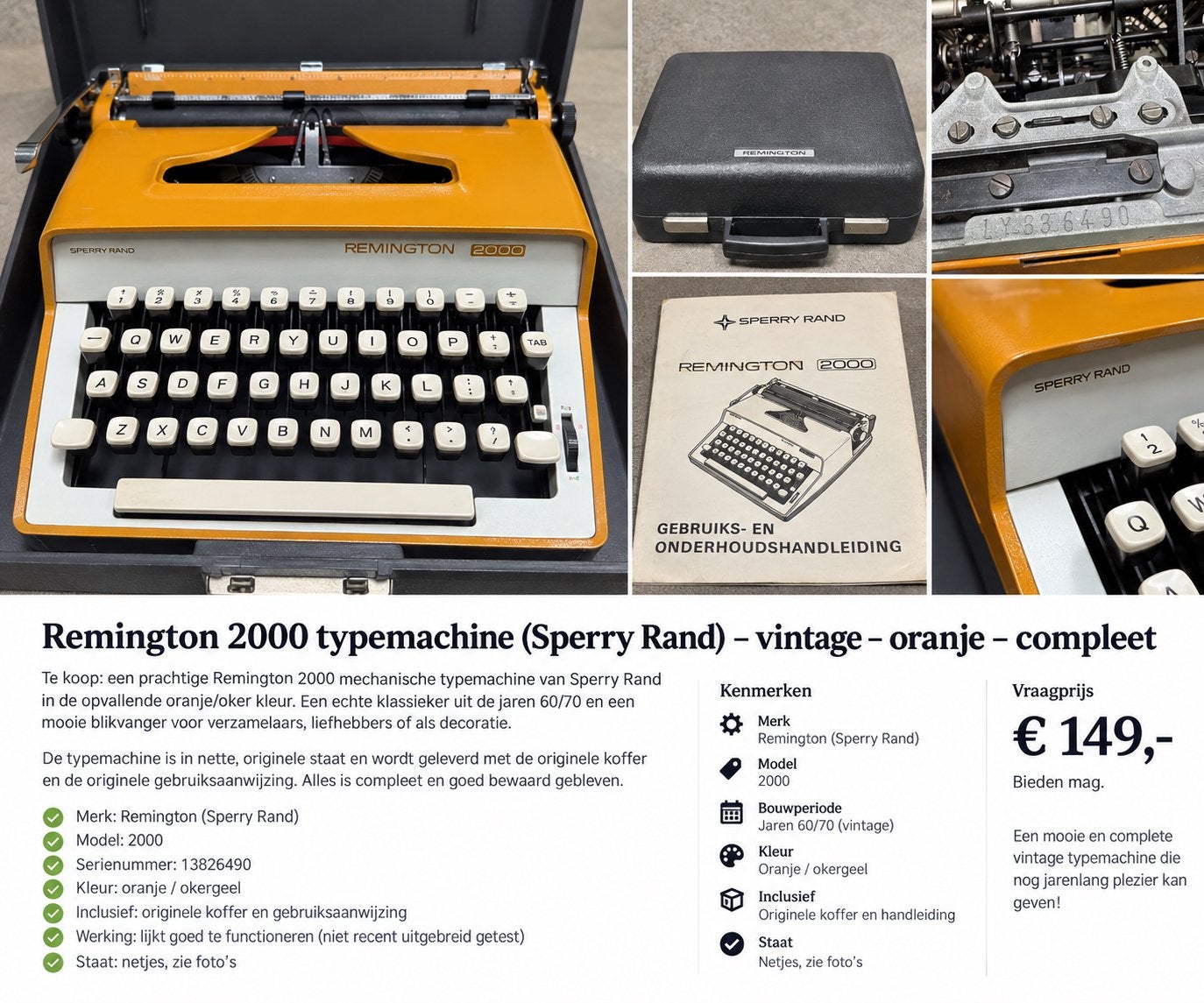 Remington 2000 typemachine – vintage oranje – met koffer, Diversen, Ophalen, Gebruikt