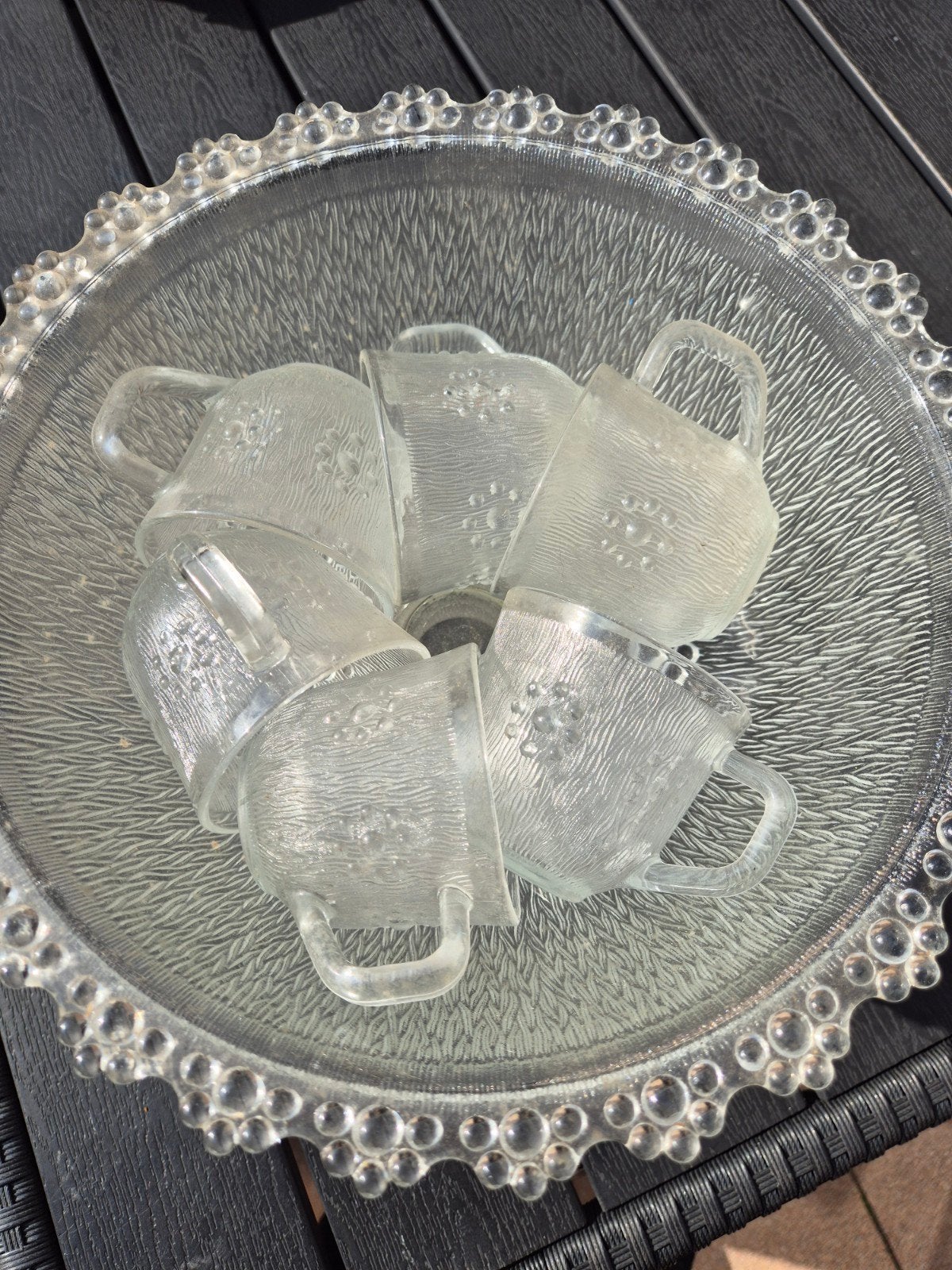 Vintage Glazen Punch Bowl Set met 6 Kopjes, Ophalen