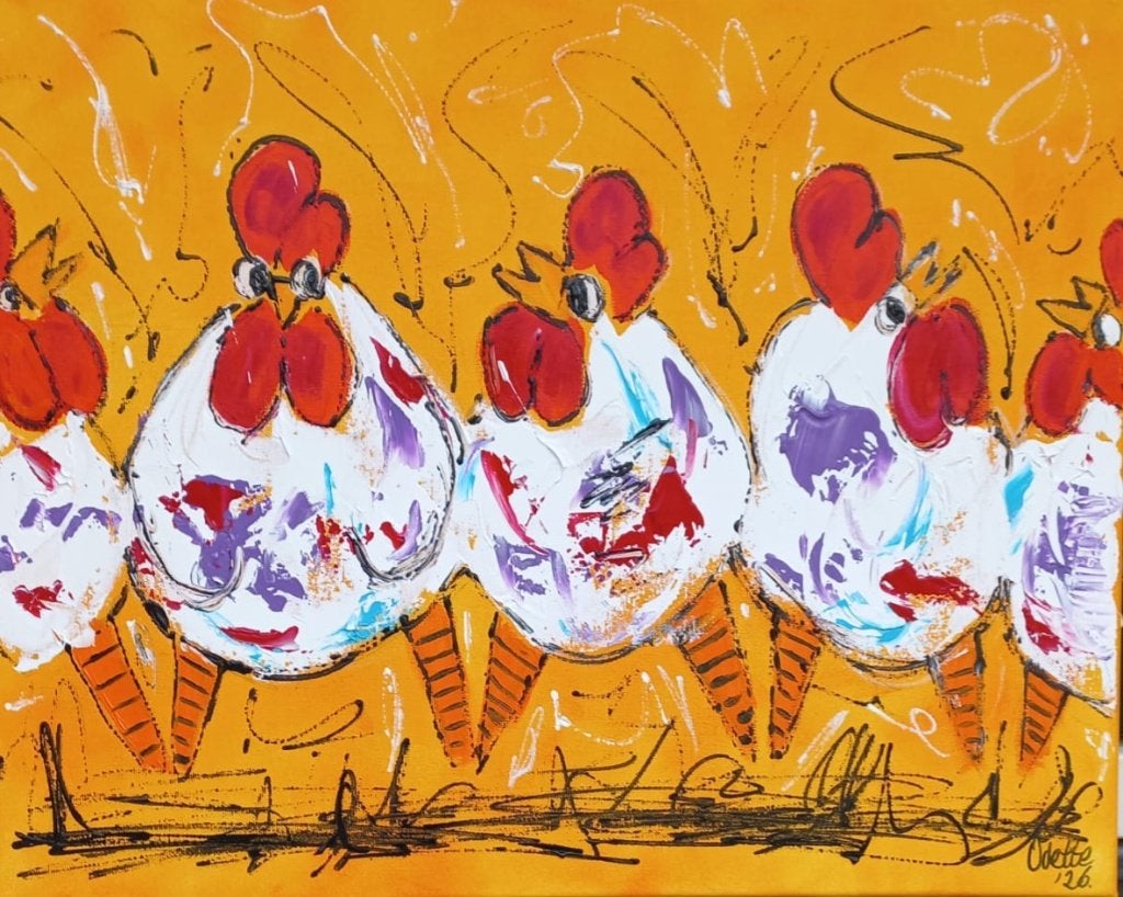 Schilderij kleurrijke vrolijke kippen, Huis en Inrichting, Woonaccessoires | Schilderijen, Tekeningen en Foto's, Nieuw, Ophalen of Verzenden