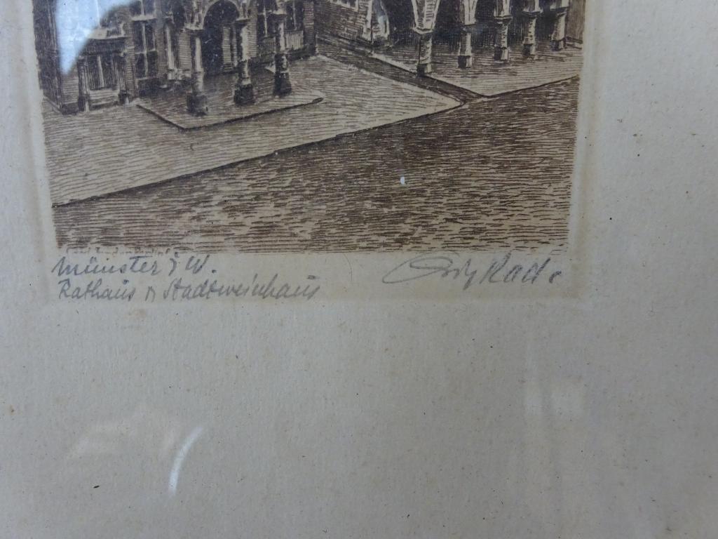 Rathaus in Munster - Onbekende kunstenaar, Antiek en Kunst, Ingelijst, 25 cm, Ets, Stadsgezicht