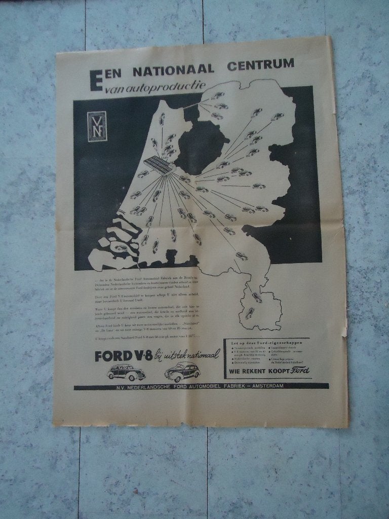 1939 Ford V8 paginagrote advertentie en meerdere reclame's, Ophalen of Verzenden, Gebruikt, Reclamebord