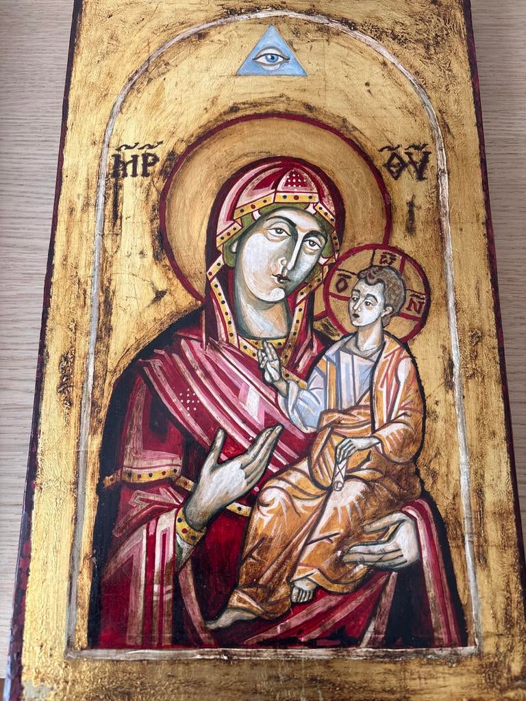 Handgeschilderd Byzantijns icoon: Moeder Gods met Kind, Antiek en Kunst, Kunst | Schilderijen | Klassiek, Ophalen of Verzenden