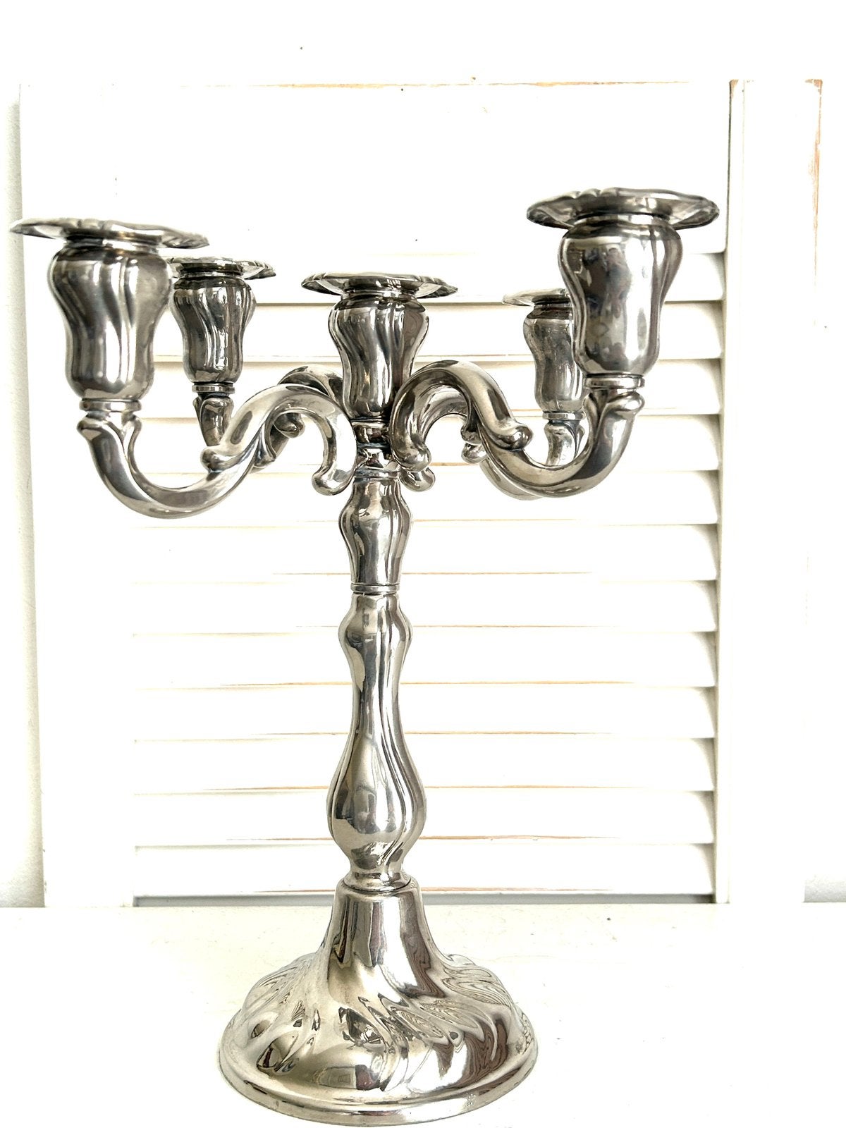 Vintage 5 armige verzilverde kandelaar 30 cm, Antiek en Kunst, Antiek | Kandelaars, Ophalen, Zilver