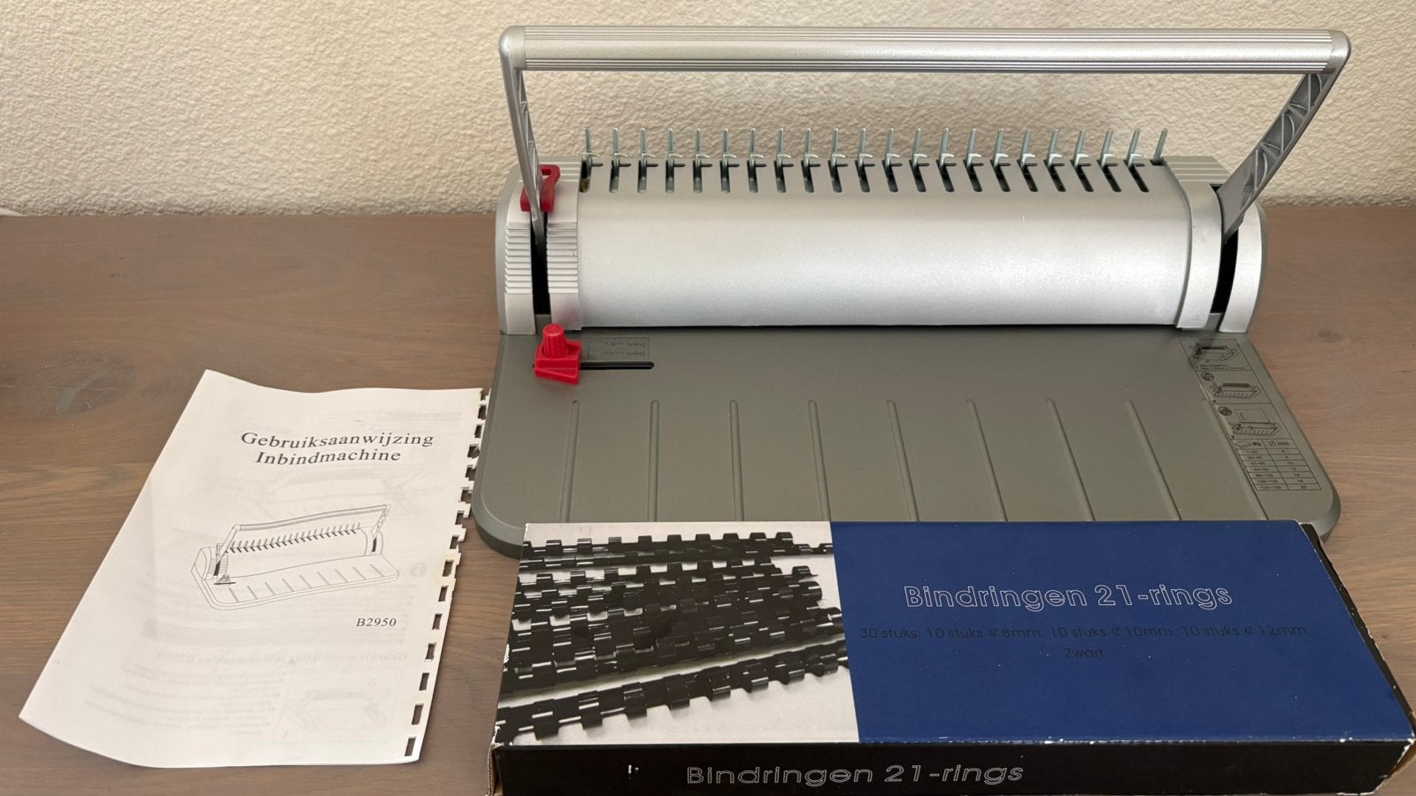 Inbindmachine compleet met 21 rings bindringen, Ophalen, Zo goed als nieuw