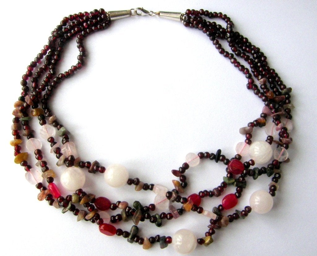925 zilveren halfedelstenen ketting granaat robijn bergkrist, Ophalen, Zilver, Ketting, Met edelsteen
