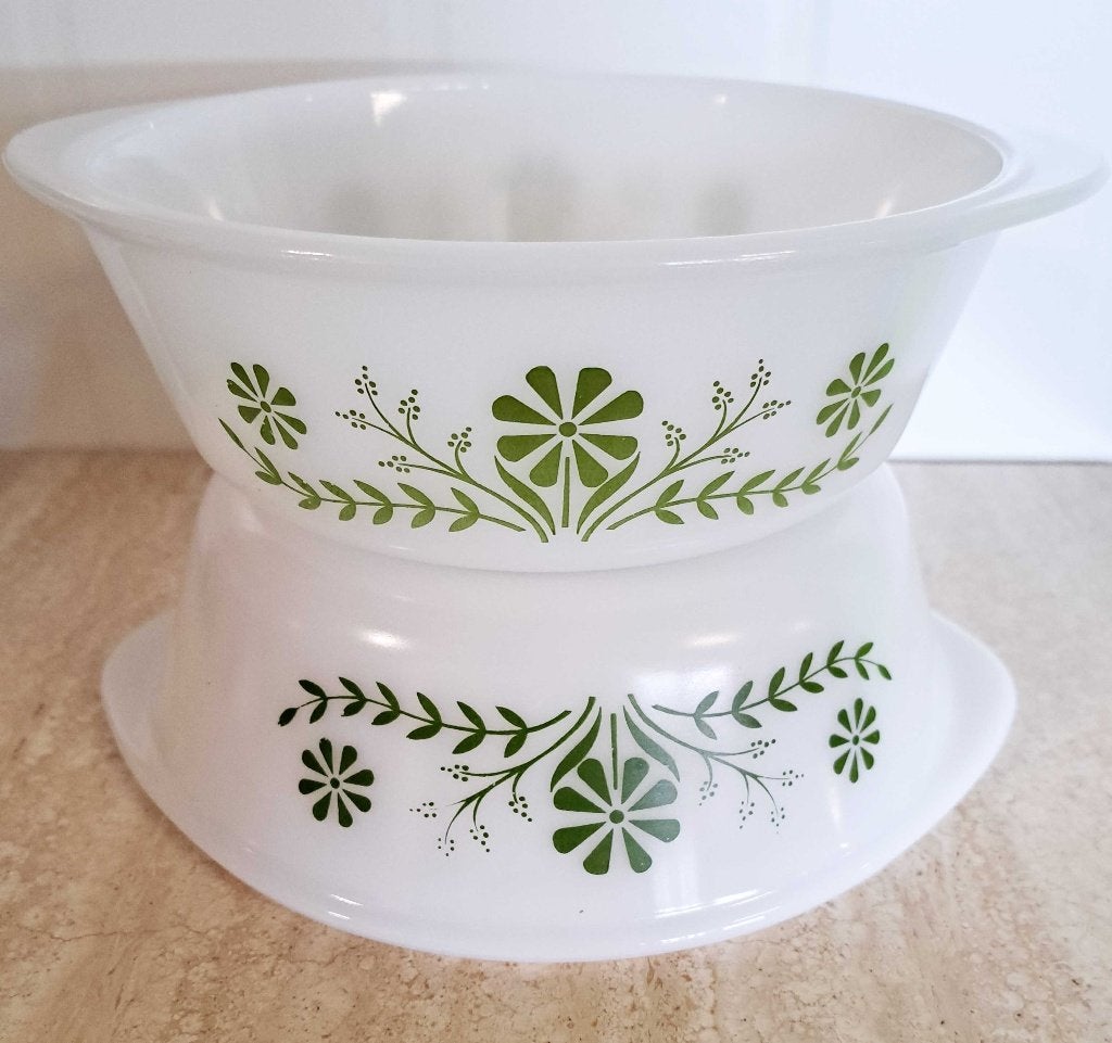 Vintage melkglas schalen met  groen madeliefjes  Made in USA, Ophalen of Verzenden
