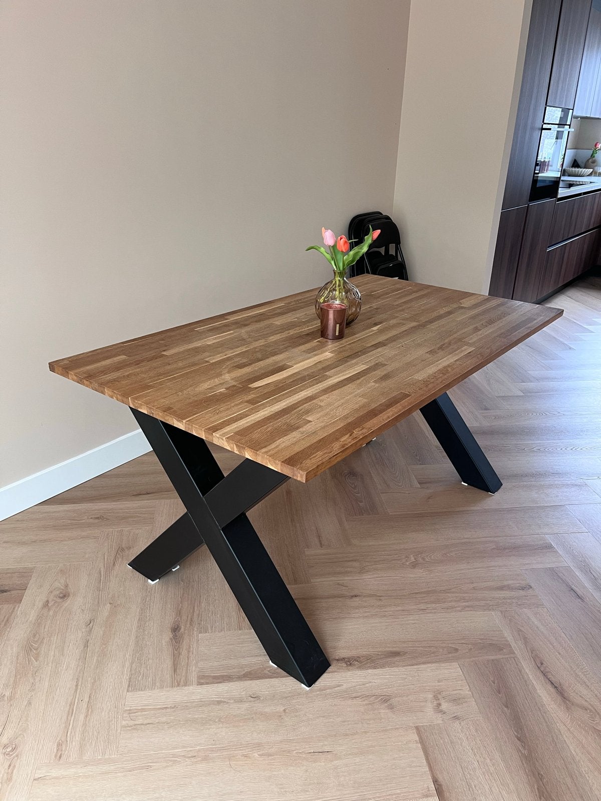Eikenhouten eettafel met zwart metalen X-poten (160x90x75cm), Ophalen, Eikenhout, 50 tot 100 cm, Zo goed als nieuw
