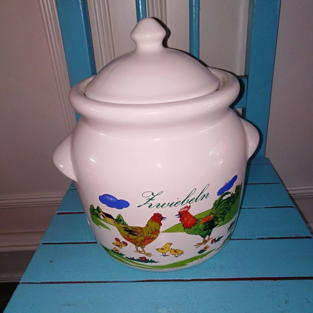 Zwiebeln /Knoblauch /Salz voorraadpotten met leuke print, Ophalen, Gebruikt, Voorraadpot, Steen/keramiek